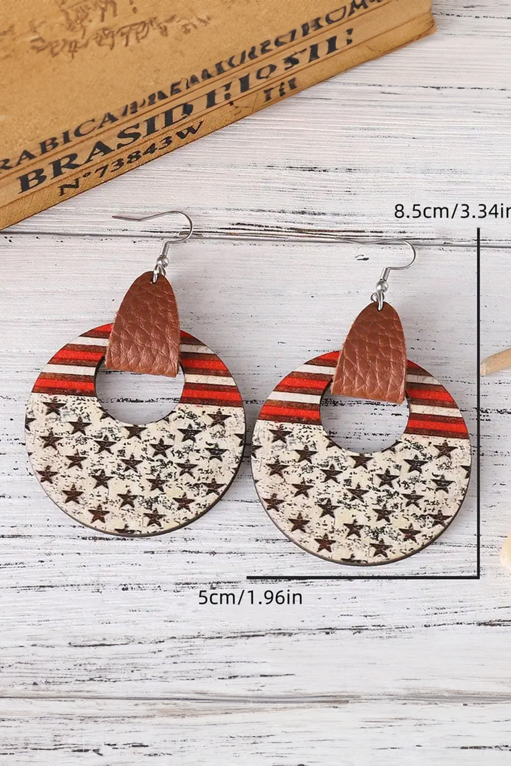 Flag Print Round Wooden Dangle Earrings | White