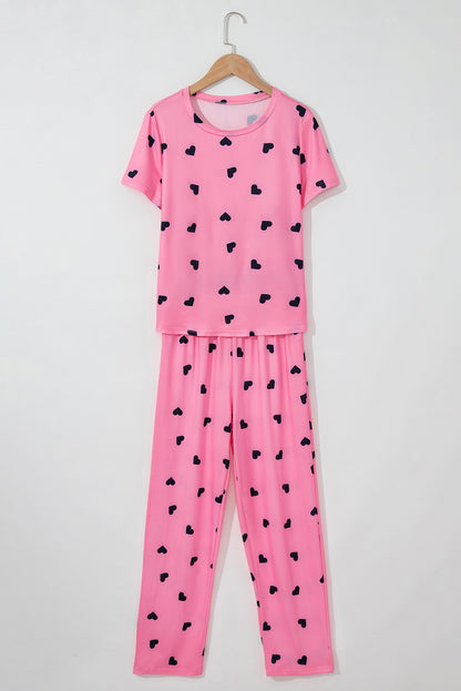 Valentines Heart Print Tee And Pants Lounge Set | Pink