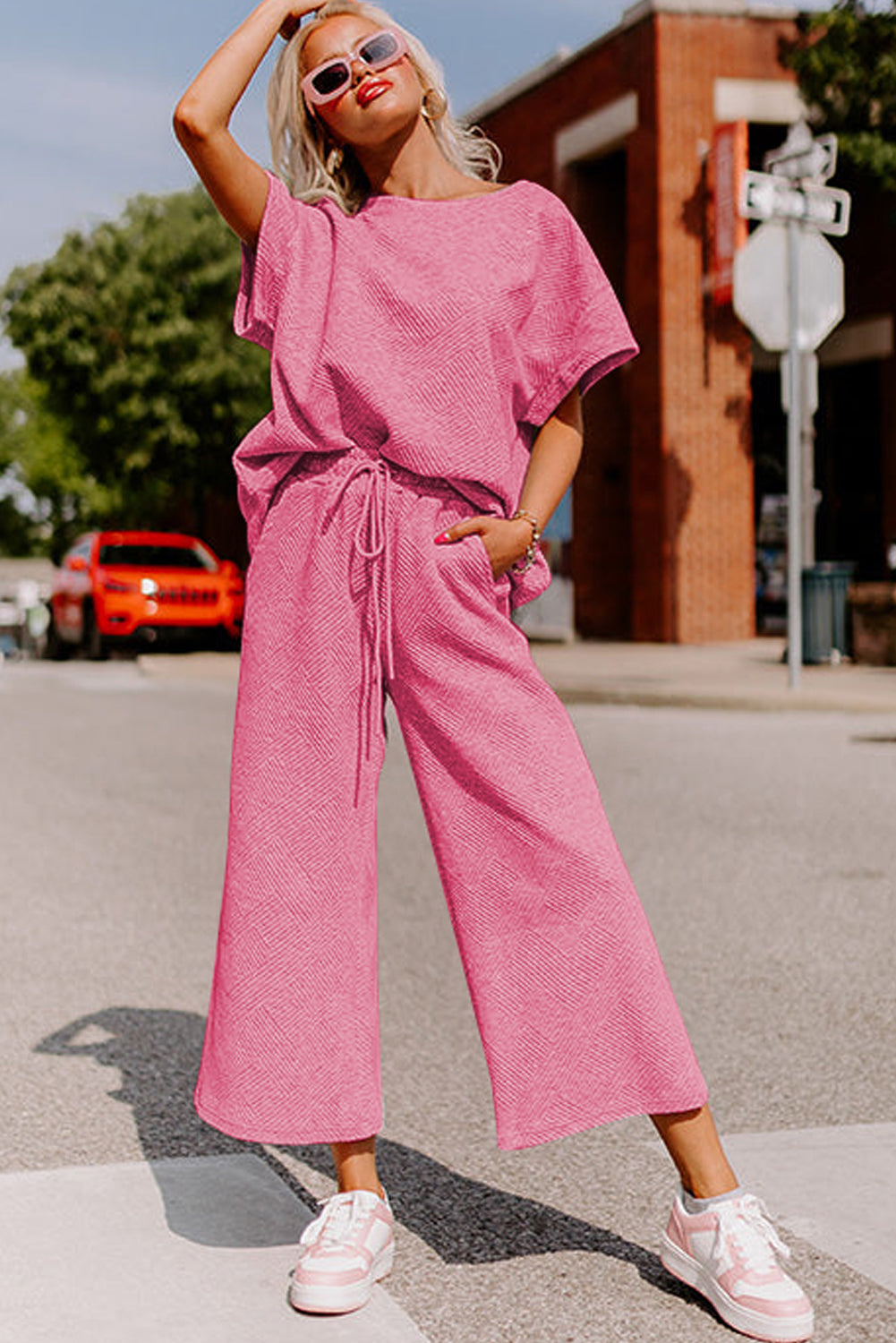 Textured Loose Fit T Shirt And Drawstring Pants Set | Strawberry Pink