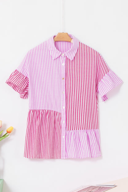 Striped Patchwork Ruffled Hem Button Up Shirt | Pink Stripe