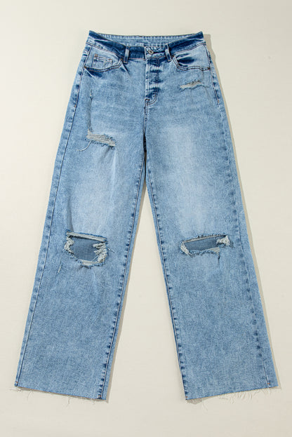 Distressed Ripped Raw Hem Straight Jeans | Light Blue