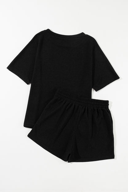 Casual Textured Tee And Drawstring Shorts Set | Black