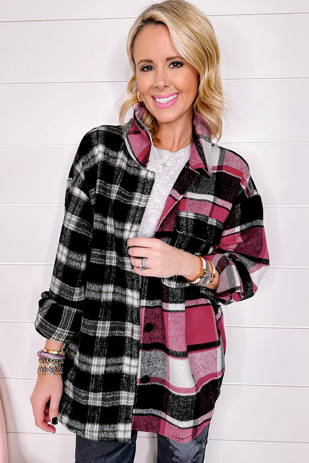 Plaid Colourblock Loose Shacket | Black