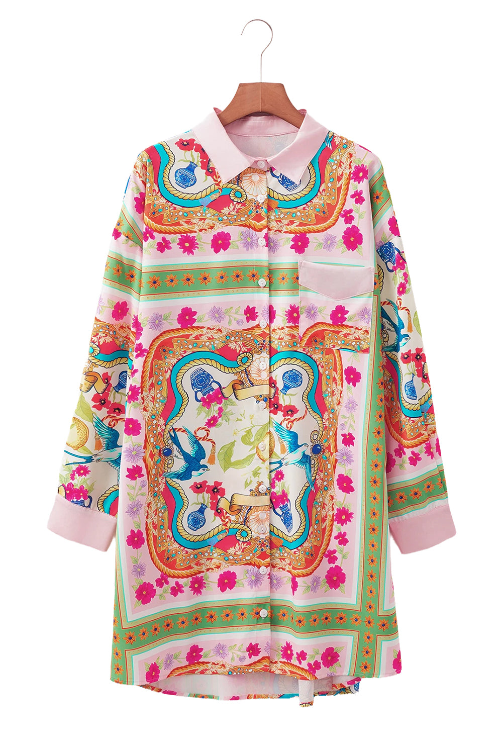 Boho Floral Print Buttoned Long Sleeve Shirt Dress | Multicolour