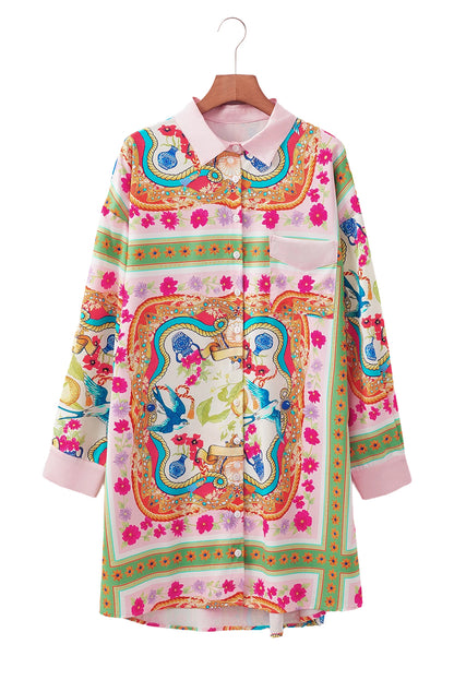 Boho Floral Print Buttoned Long Sleeve Shirt Dress | Multicolour