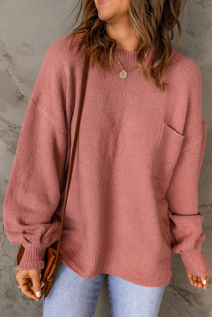 Solid Colour Puffy Sleeve Pocketed Sweater | Red