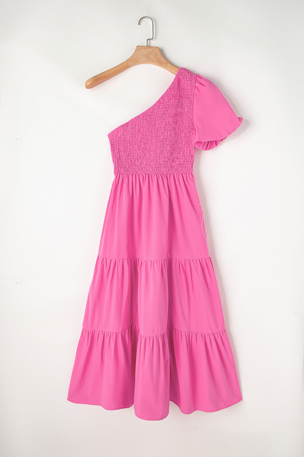 Asymmetric Puff Sleeve Smocked Bodice Tiered Midi Dress | Strawberry Pink