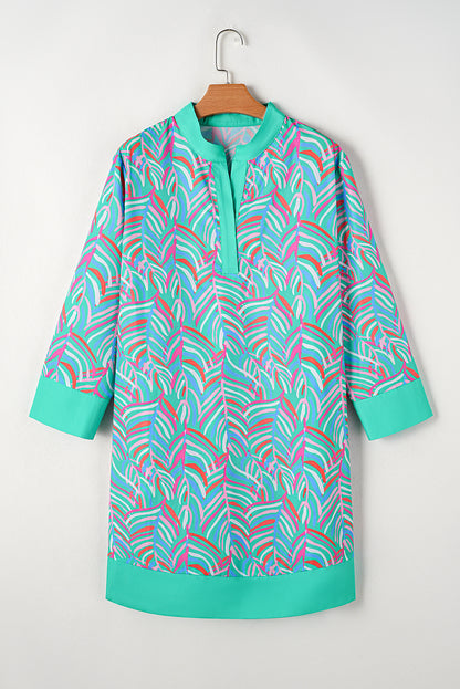 Plus Size Palm Pattern Long Sleeve Shift Dress | Green