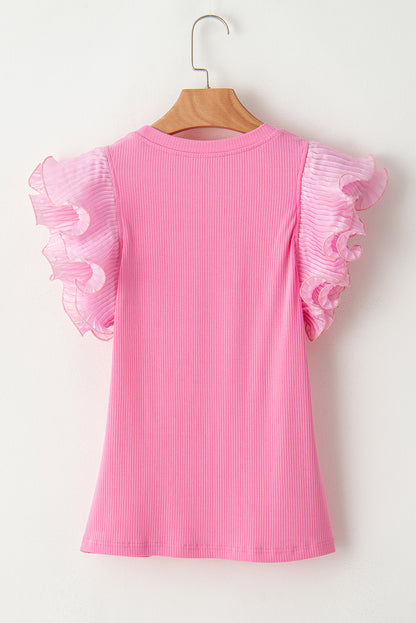 Ruffled Pleated Mesh Sleeve Ribbed Knit Slim Fit T Shirt | Strawberry Pink