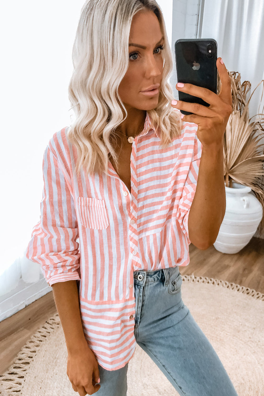 Buttoned Long Sleeve Casual Shirt | Pink Stripe