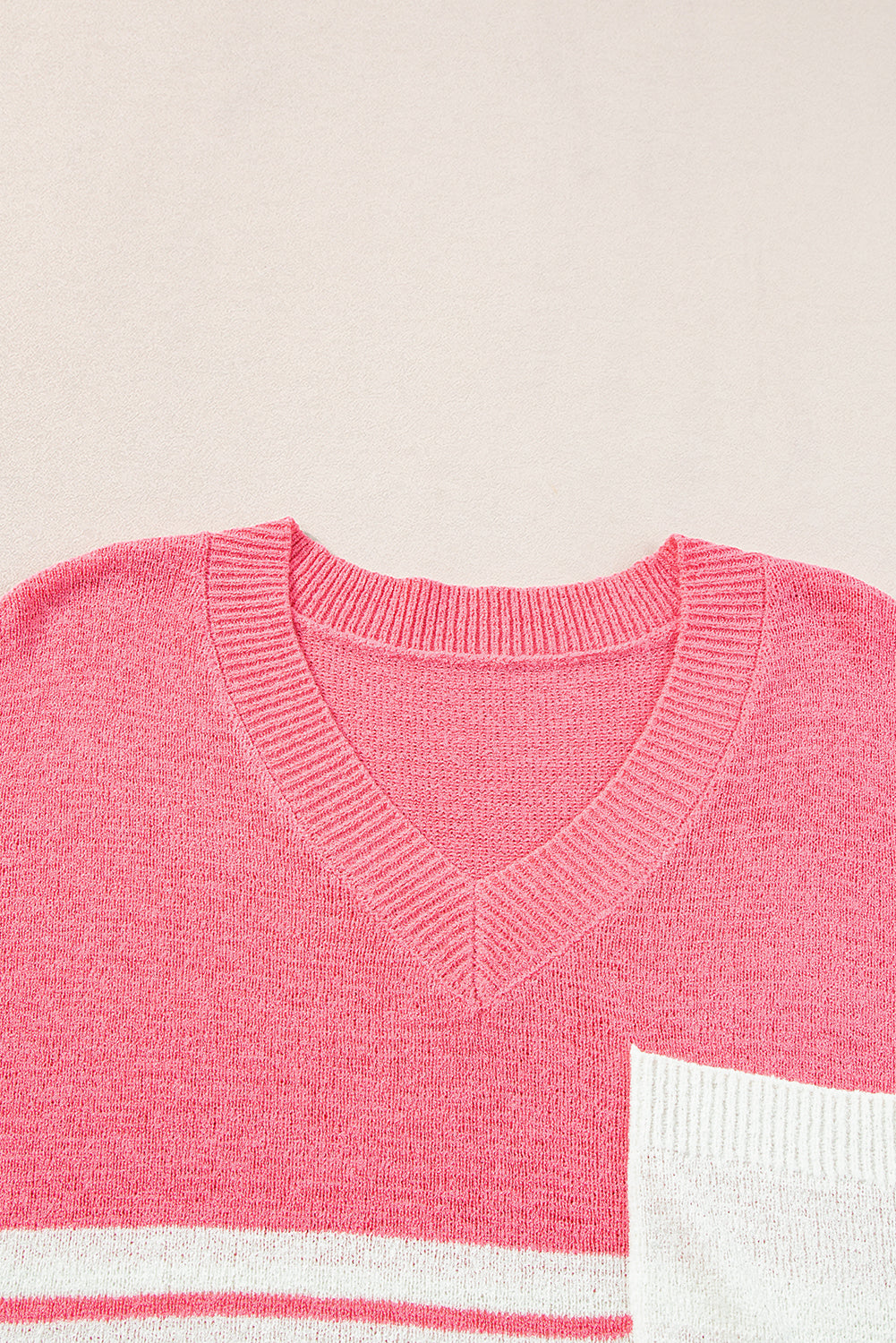 Contrast Stripes V Neck Knitted Short Sleeve Top | Strawberry Pink