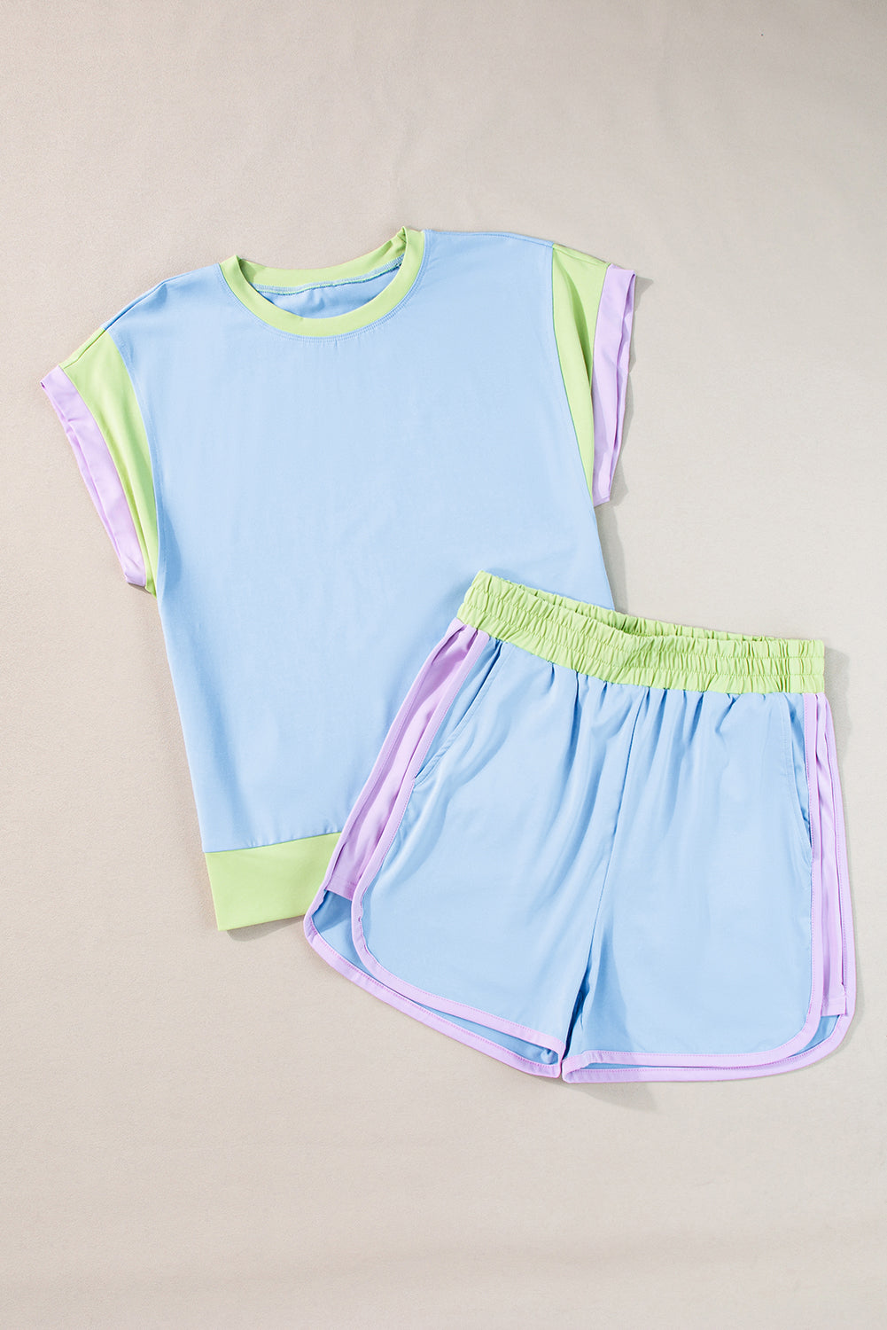 Contrast Trim Cap Sleeve Tee Shorts Set | Blue