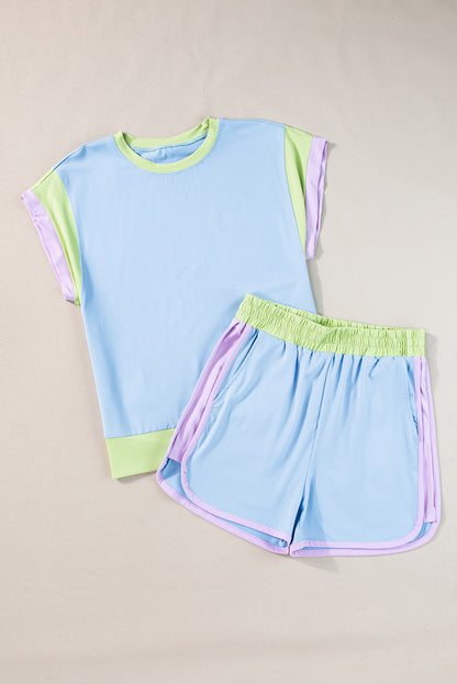 Contrast Trim Cap Sleeve Tee Shorts Set | Blue