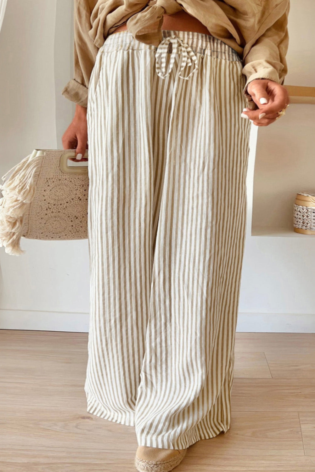 Plus Size Drawstring High Waist Wide Leg Pants | Khaki Stripe