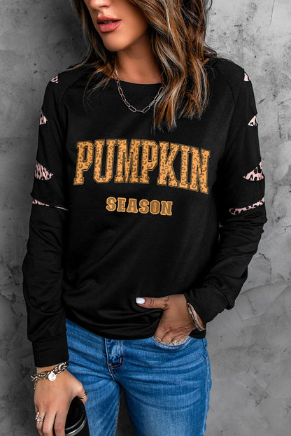 Leopard Pumpkin Season Graphic Ripped Sleeve Sweatshirt | Black