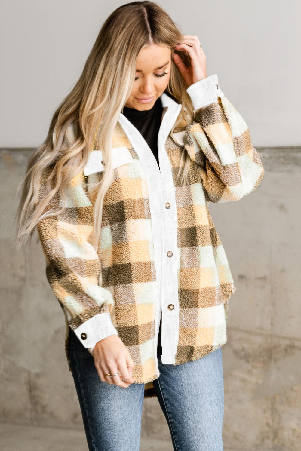 Plaid Sherpa Flap Pocket Shacket | Khaki