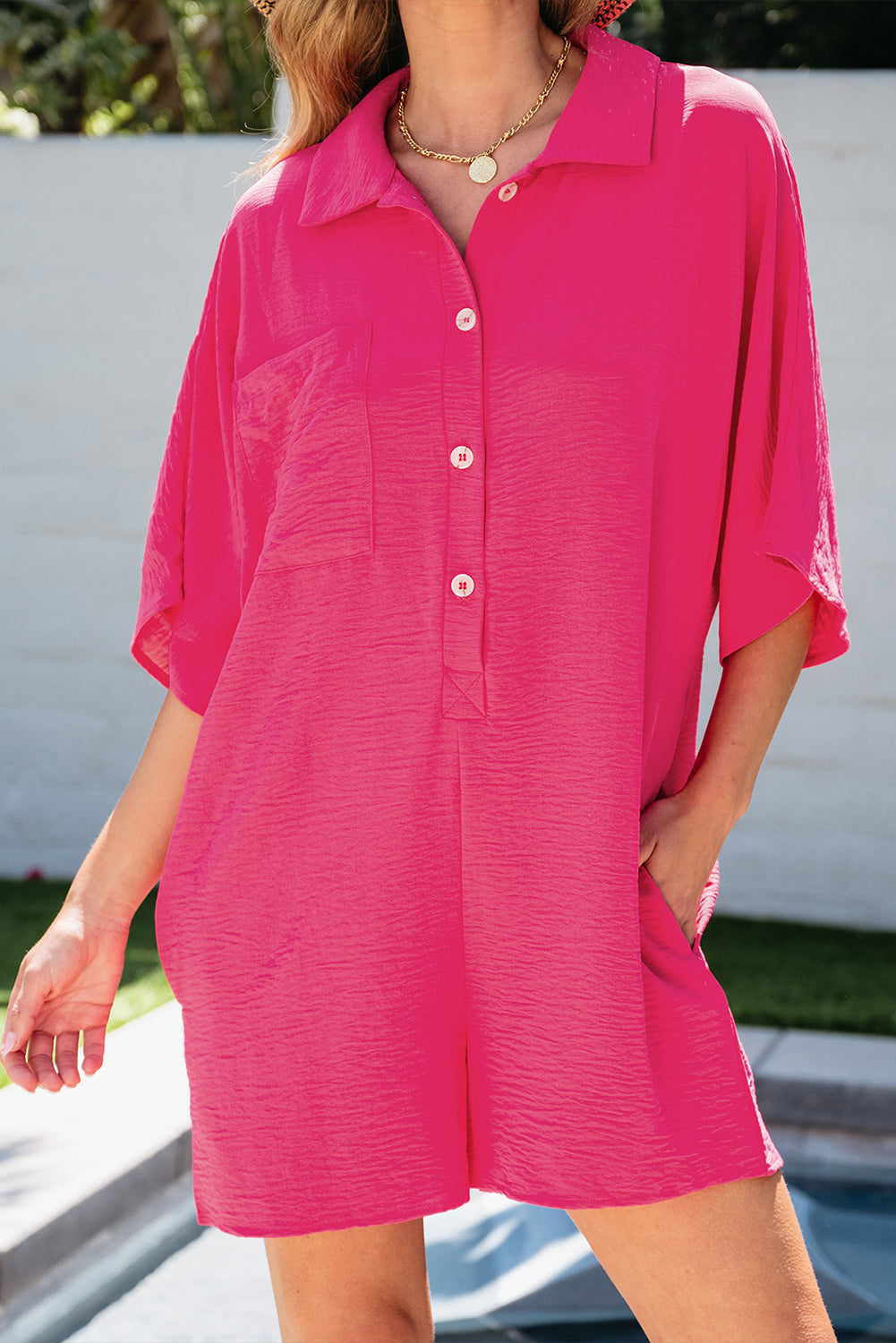 Half Button Collared Loose Romper | Bright Pink