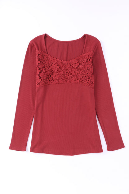 Fiery  Lace Crochet V Neck Long Sleeve Top | Red