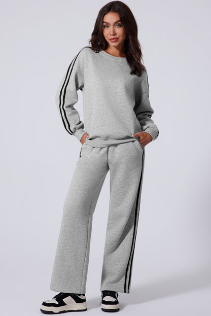 Solid Colour Side Striped Sweatshirt Active Set | Light Grey