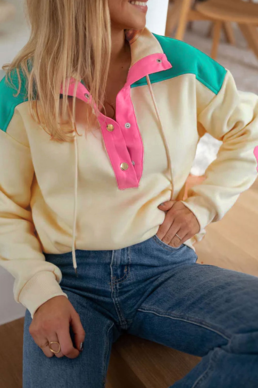 Colour Block Elbow Patch Half Button Sweatshirt | Apricot