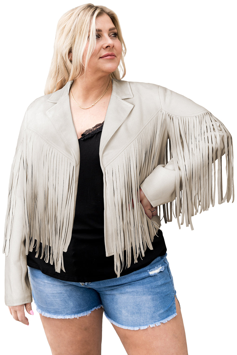 Fringe Plus Size Cropped Jacket | White