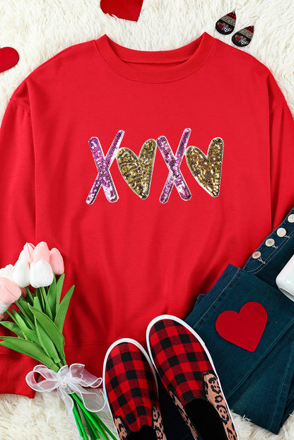 Heart Xoxo Graphic Crewneck Valentines Pullover Sweatshirt | Red