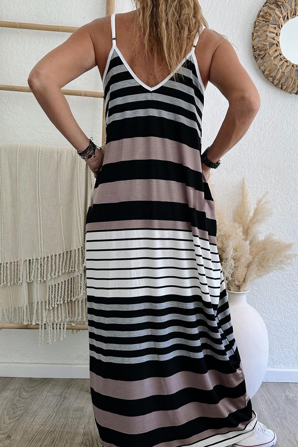 Mixed Stripes Spaghetti Straps V Neck Maxi Dress | Multicolour