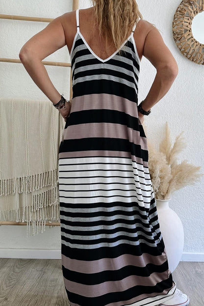 Mixed Stripes Spaghetti Straps V Neck Maxi Dress | Multicolour