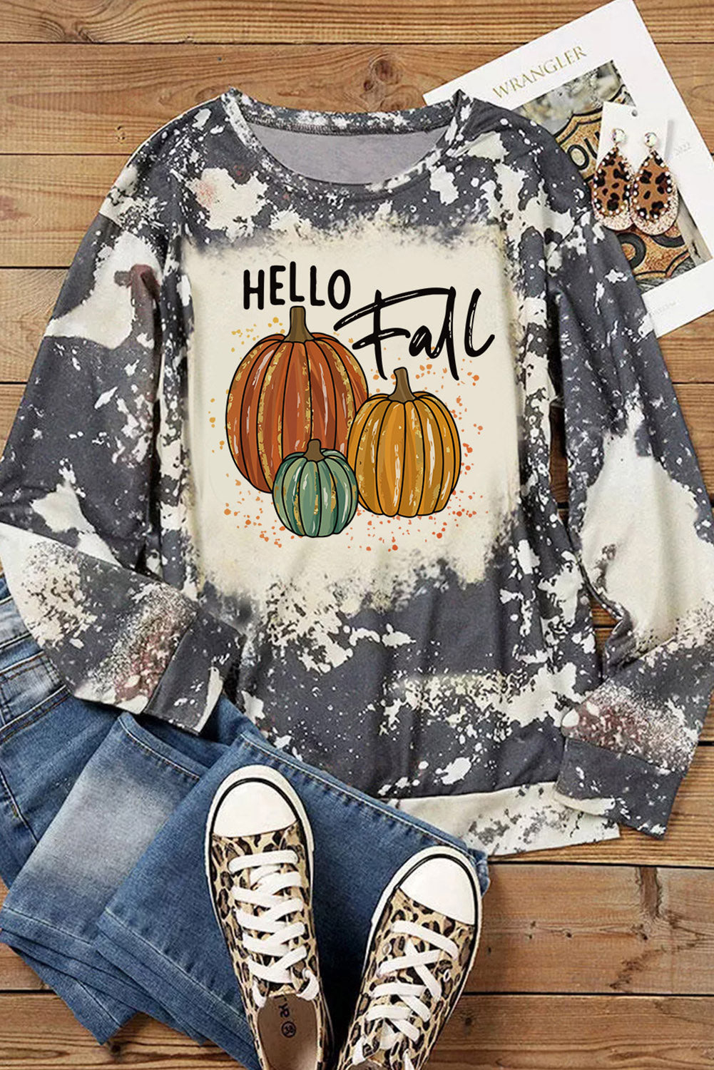 Hello Fall Pumpkin Graphic Tie Dye Long Sleeve Top | Multicolour