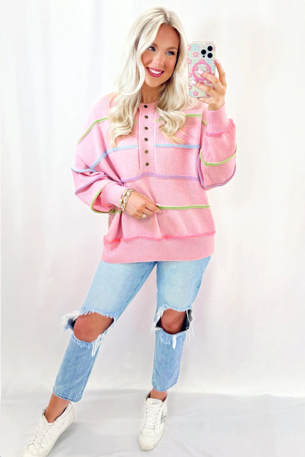 Rainbow Stripes Drop Shoulder Baggy Henley Sweater | Pink