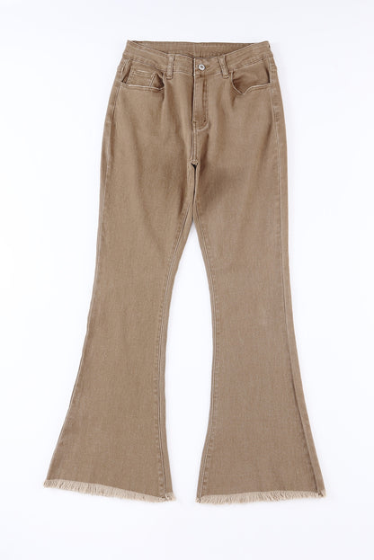 Raw Hem High Waist Flare Jeans | Khaki