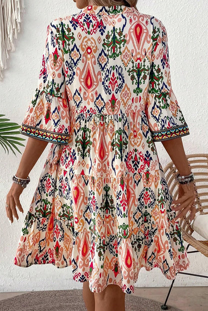 Boho Print V Neck Bracelet Sleeve Mini Dress | Multicolour