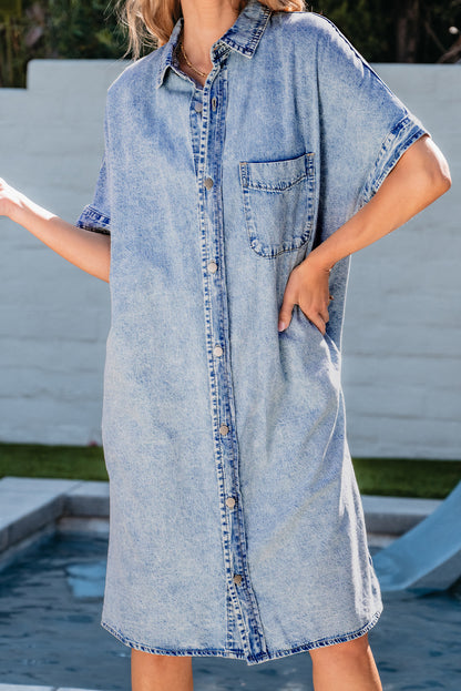 Loose Medium Wash Short Sleeve Shirt Chambray Dress | Light Blue