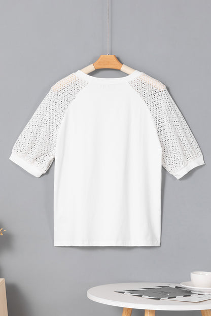 Pointelle Lace Half Sleeve Crew Neck Tee | White