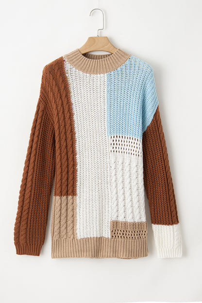 Mix Textured Knit Colourblock Patchwork Sweater | Khaki