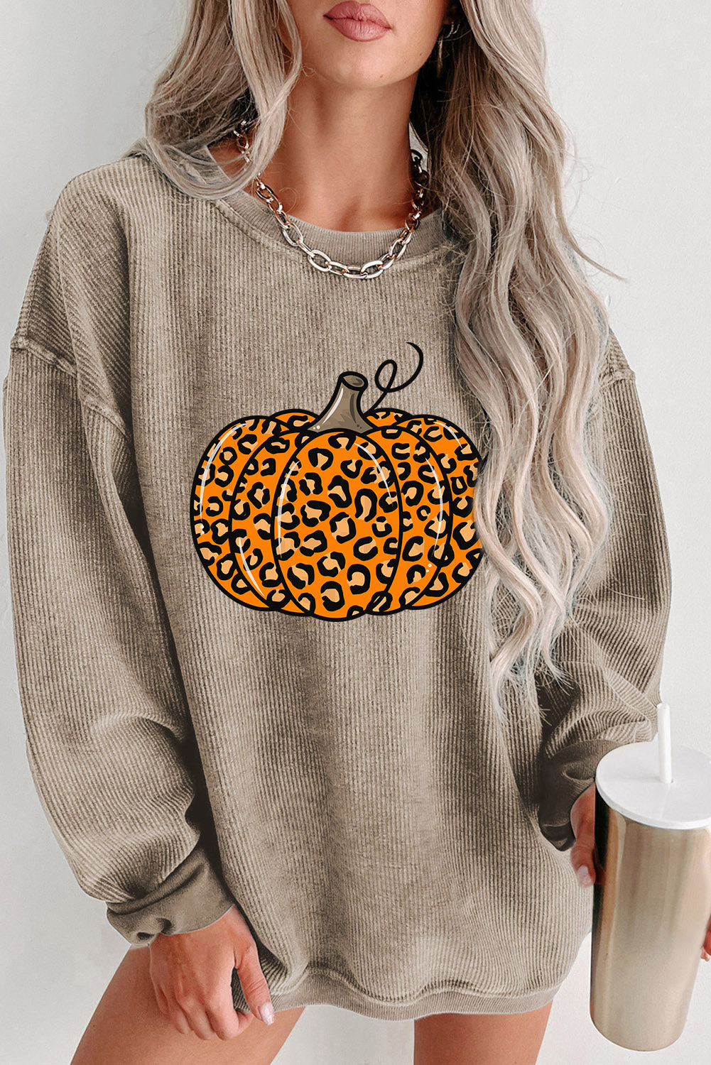 Halloween Leopard Pumpkin Graphic Corded Sweatshirt | Khaki