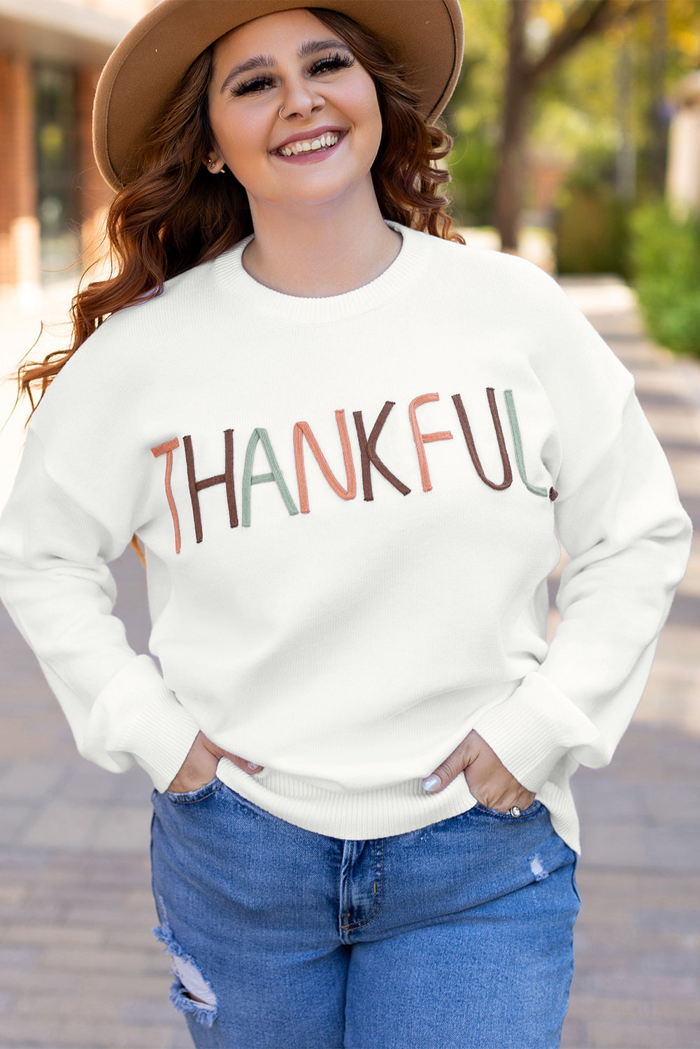 Plus Size Thankful Ivory Embroidered Sweater | White