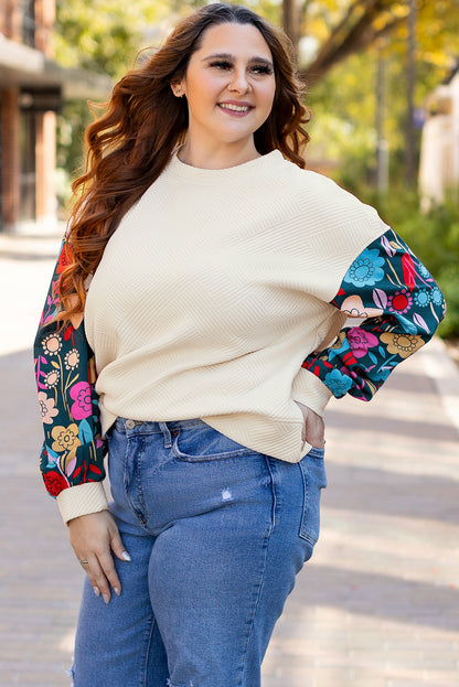 Floral Patchwork Sleeve Textured Plus Size Pullover Top | White