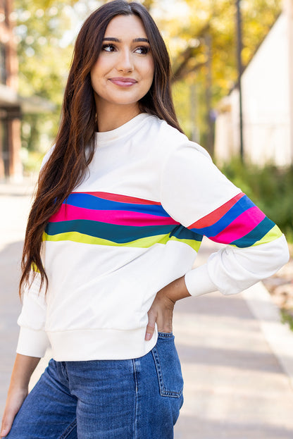 Colourful Striped Accent Long Sleeve T Shirt | White