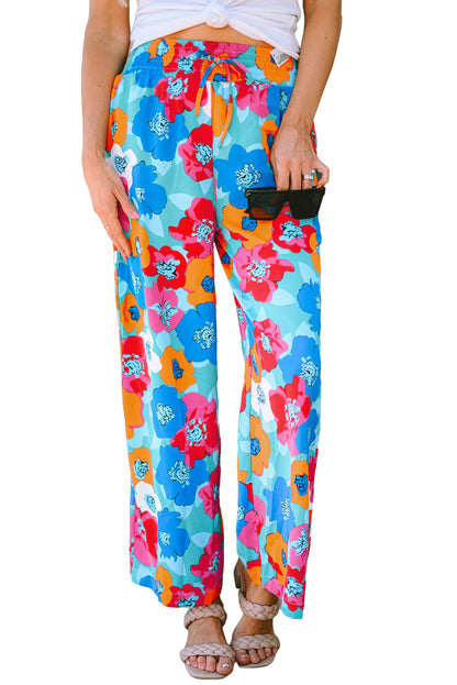 Abstract Floral Print Drawstring Wide Waistband Pants | Multicolour