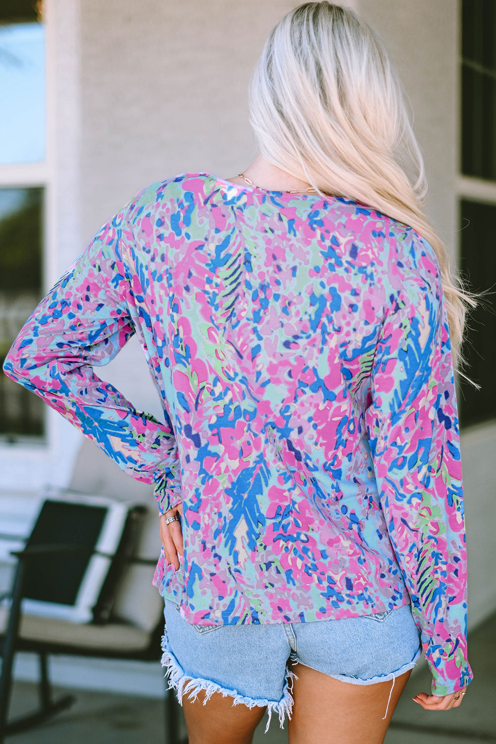 Printed Wide Neck Thumbhole Sleeve Henley Top | Multicolour