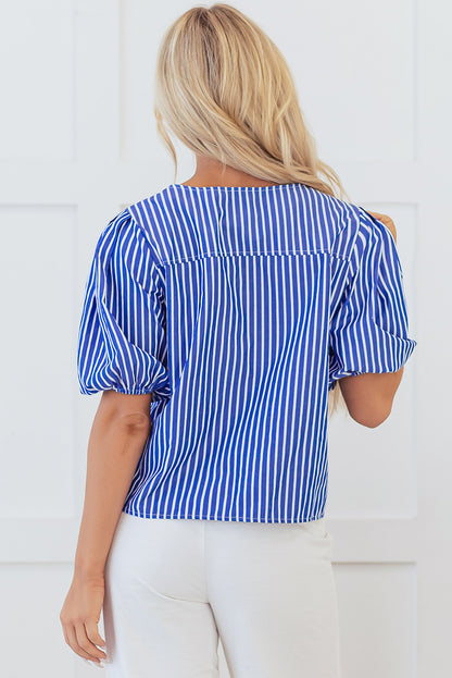 Tied Front Puff Short Sleeve Blouse | Blue Stripe