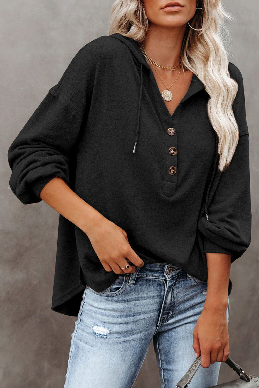 Buttoned High And Low Hem Hoodie | Black