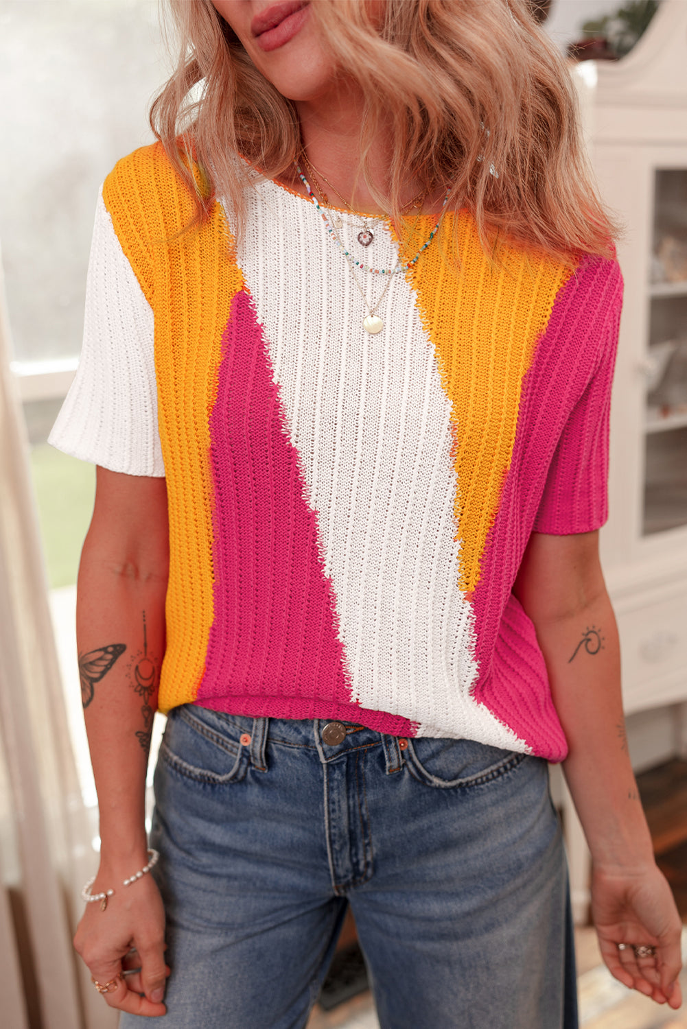 Textured Knit Colourblock Short Sleeve Sweater | Orange