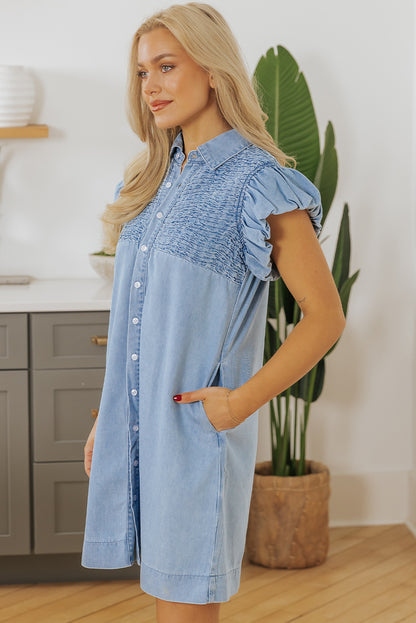 Flutter Sleeve Shirred Detail Button Up Denim Mini Dress | Beau Blue