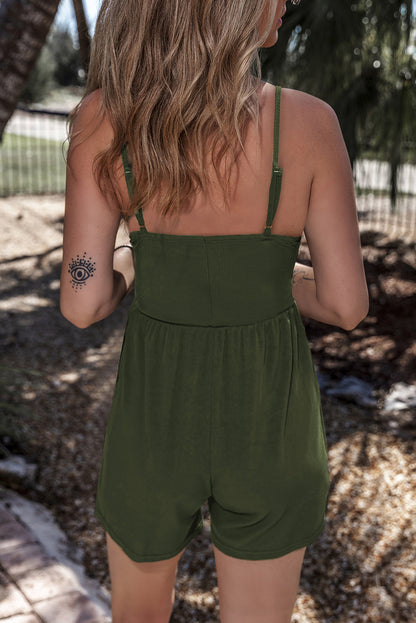 Spaghetti Straps Cinched Waist Ribbed Romper | Moss Green