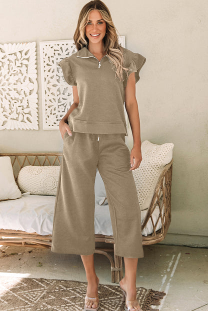 Textured Flutter Sleeve Top Wide Leg Pants Set | Pale Khaki