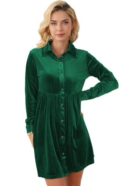 Long Sleeve Ruffle Velvet Button Up Dress | Green