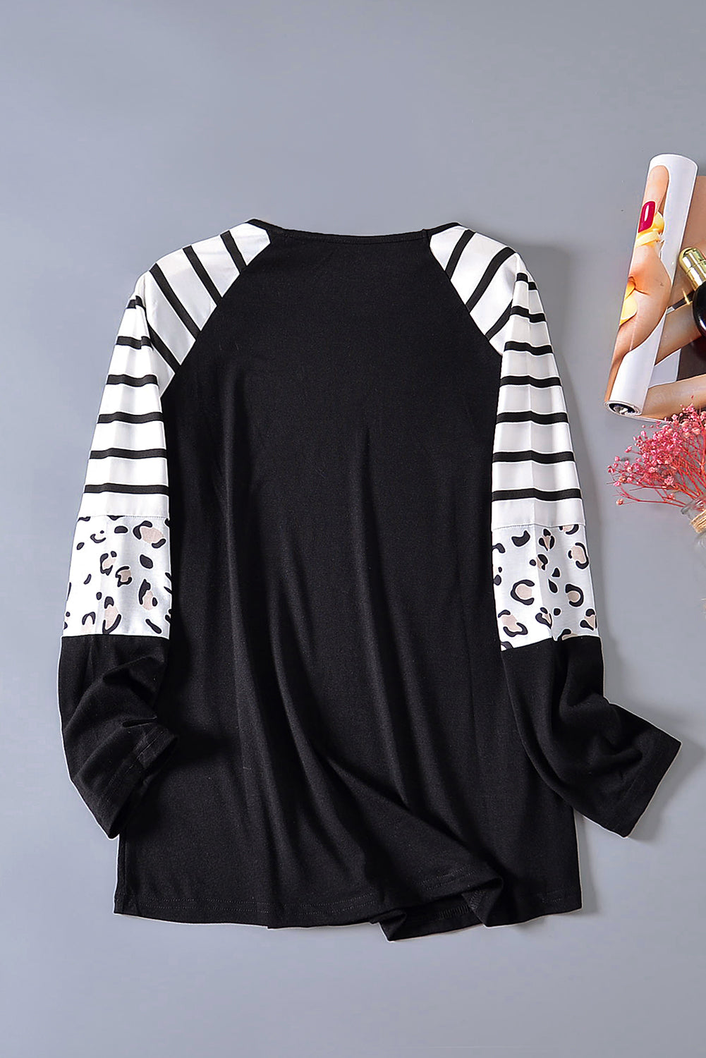 Striped Animal Print Colourblock Long Sleeve Top | Black