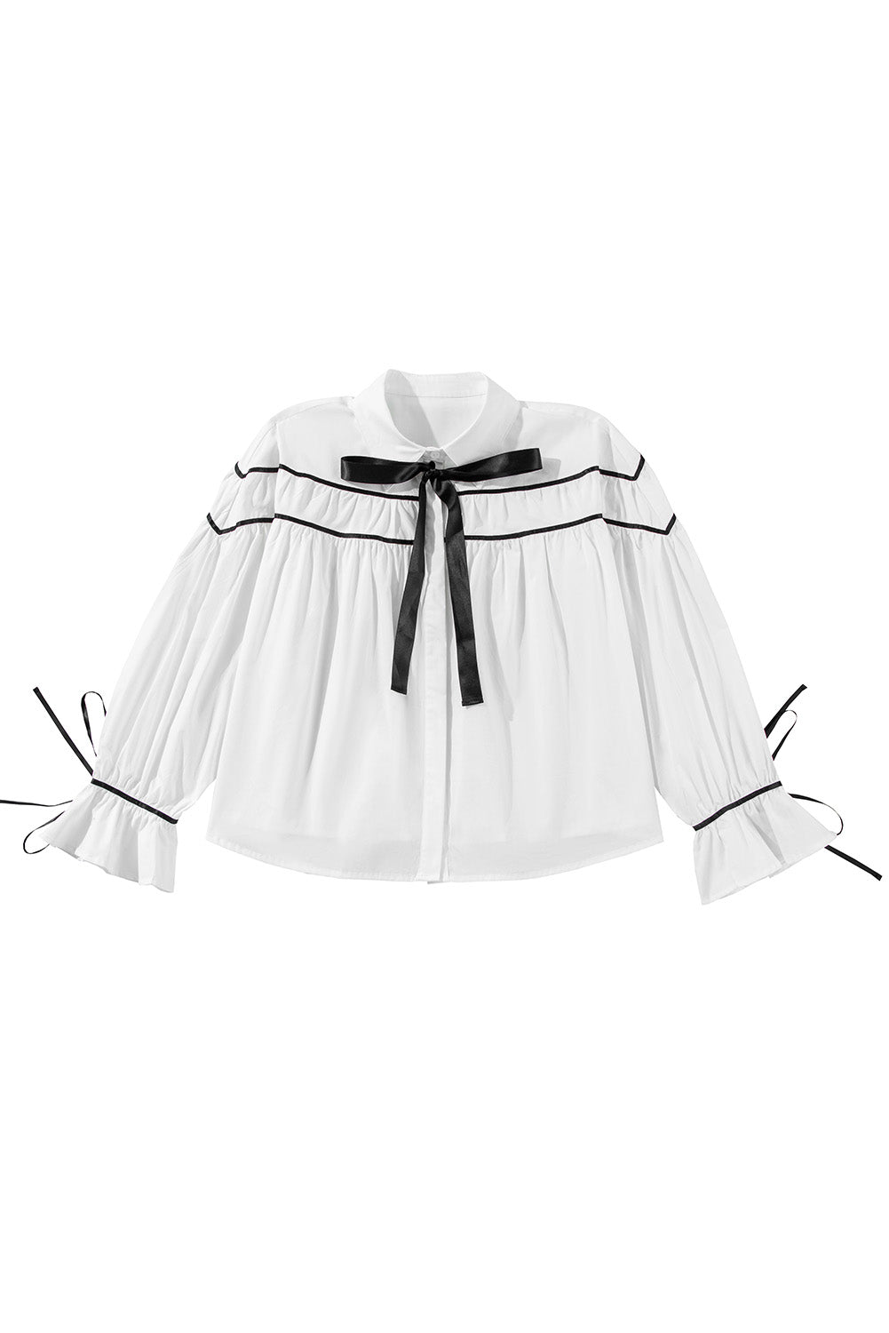 Black Pipping Ribbon Bowtie Collared Ruffled Puff Sleeve Shirt | White